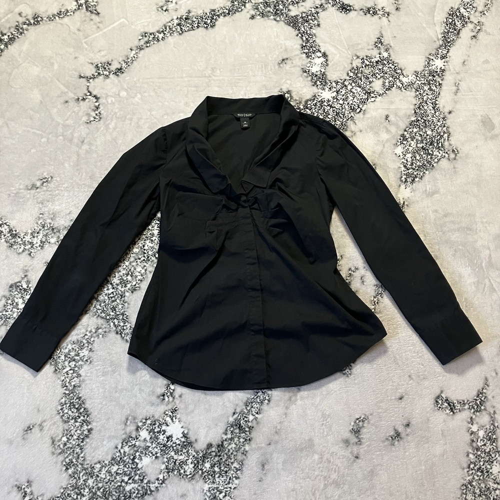 White House Black Market Shirt Womens Sz 10 Black Ruched Collar Button Down